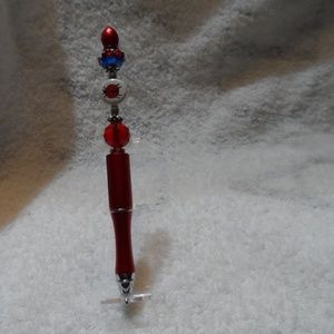 handmade red beaded writing pen w/ lady bugs